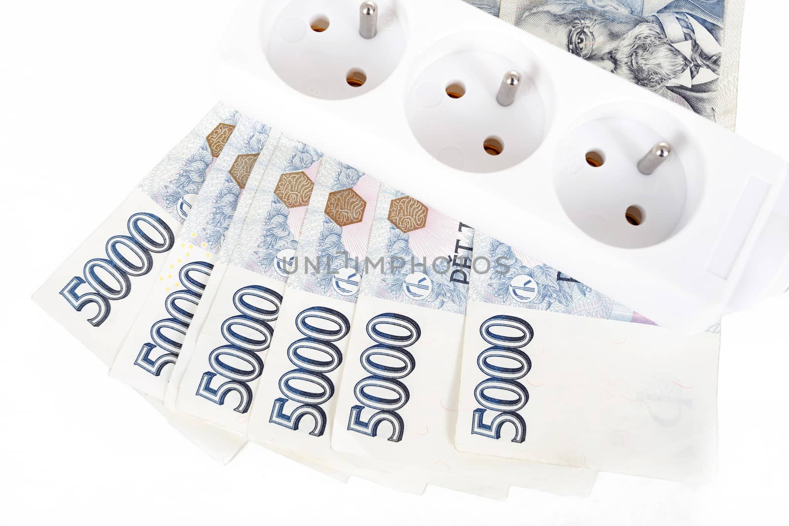 power cord and banknotes of czech crowns money concept of expensive energy bill