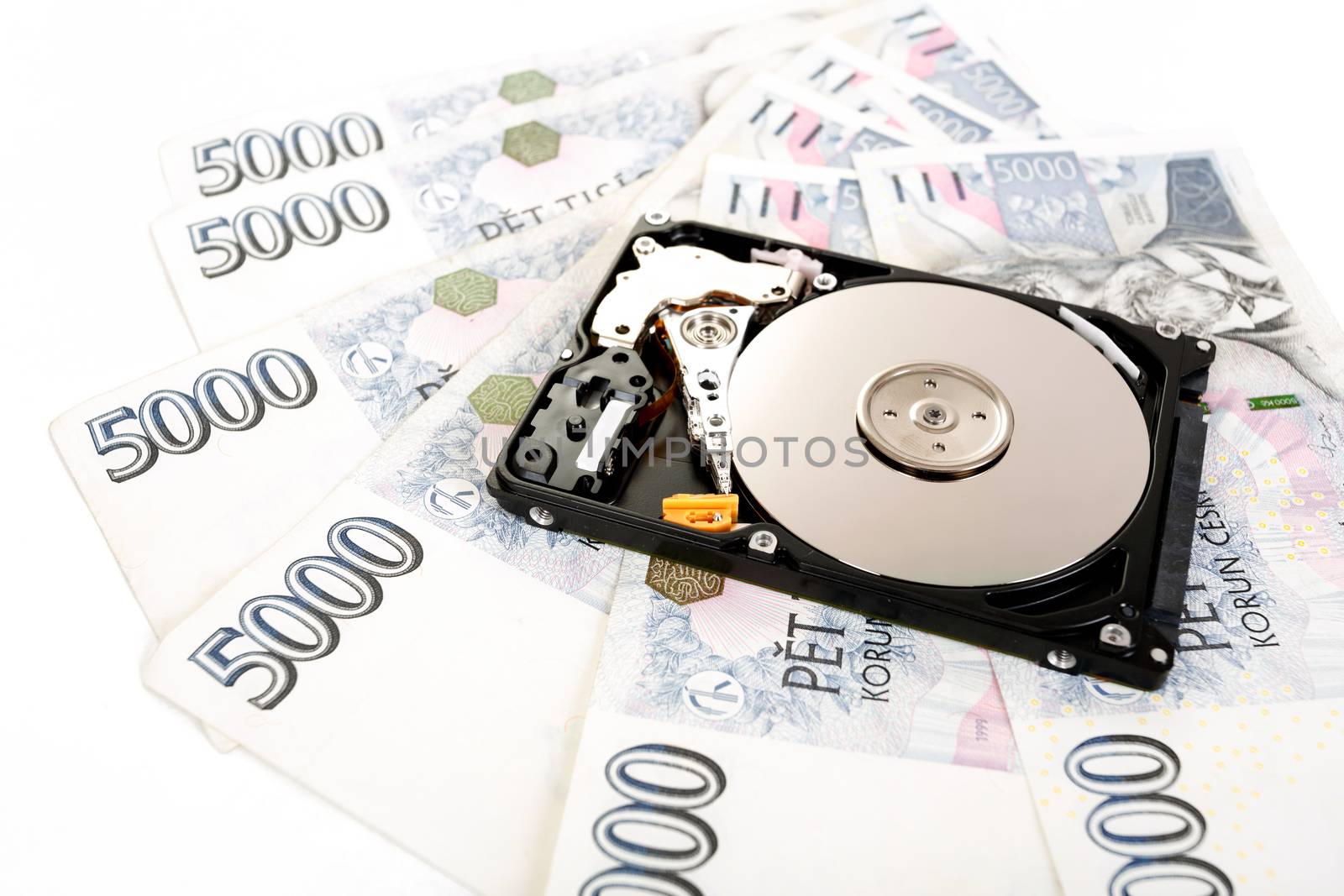 The open hard disk, with czech money banknotes. Money concept, backup data cost