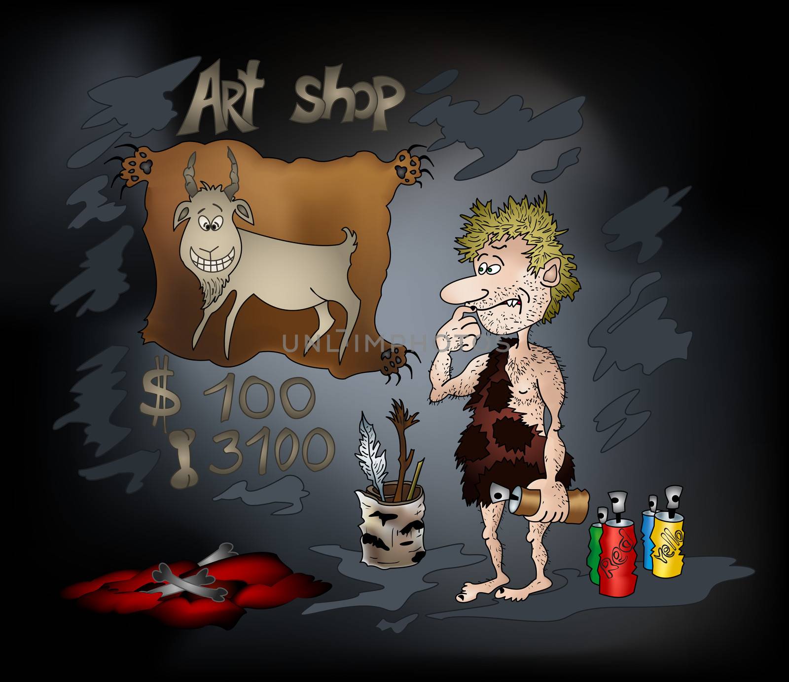 Cartoon: prehistoric man artist in a cave draws a funny goat.