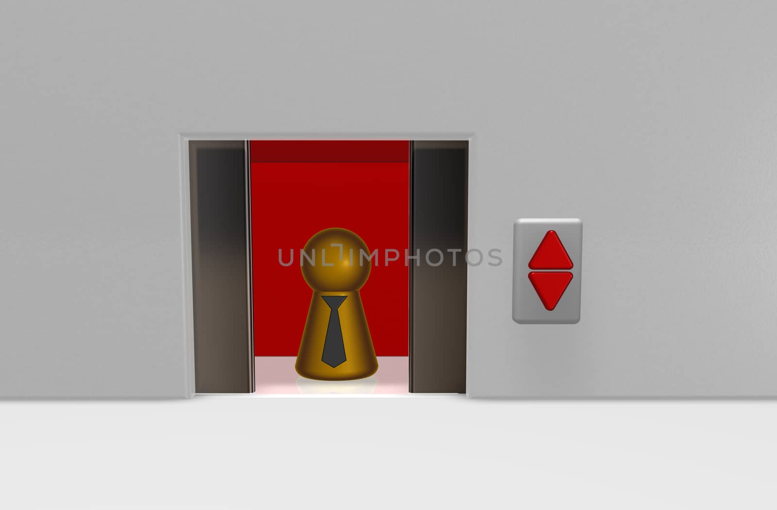 play figure with tie in elevator - 3d illustration