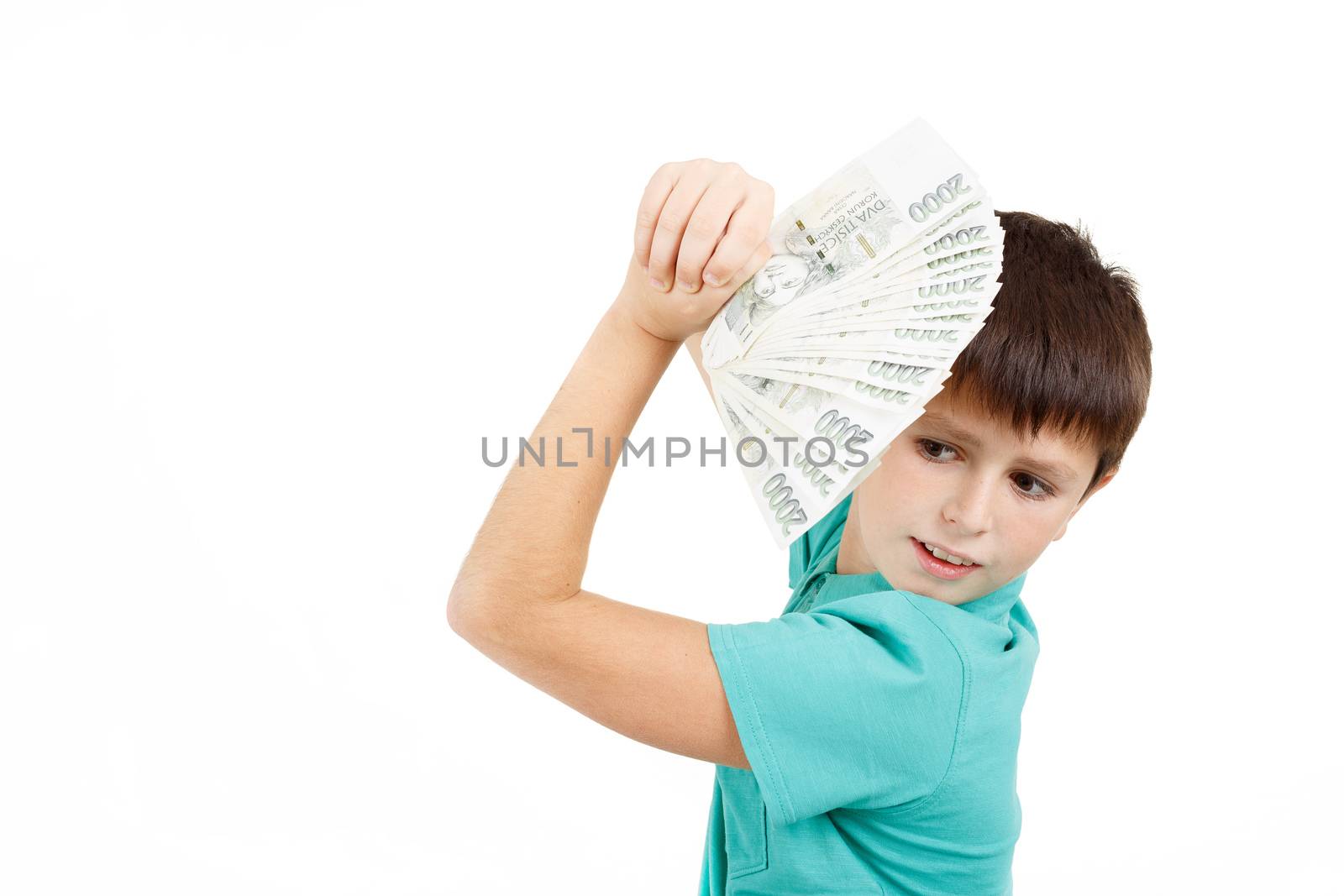 czech money, man boy holding a fan from czech crown banknotes