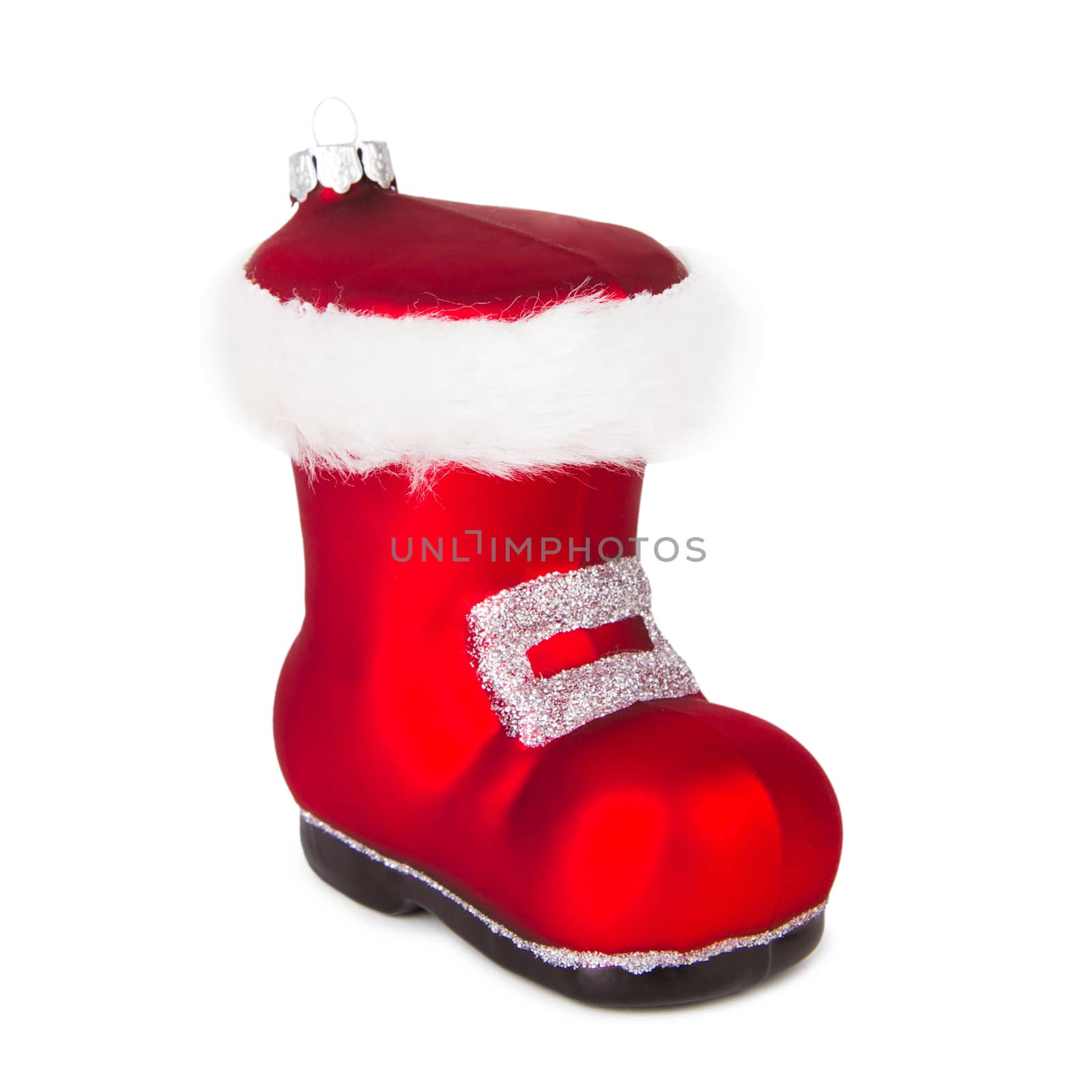 Red Christmas decoration - the boot of Santa Claus, isolated on white background