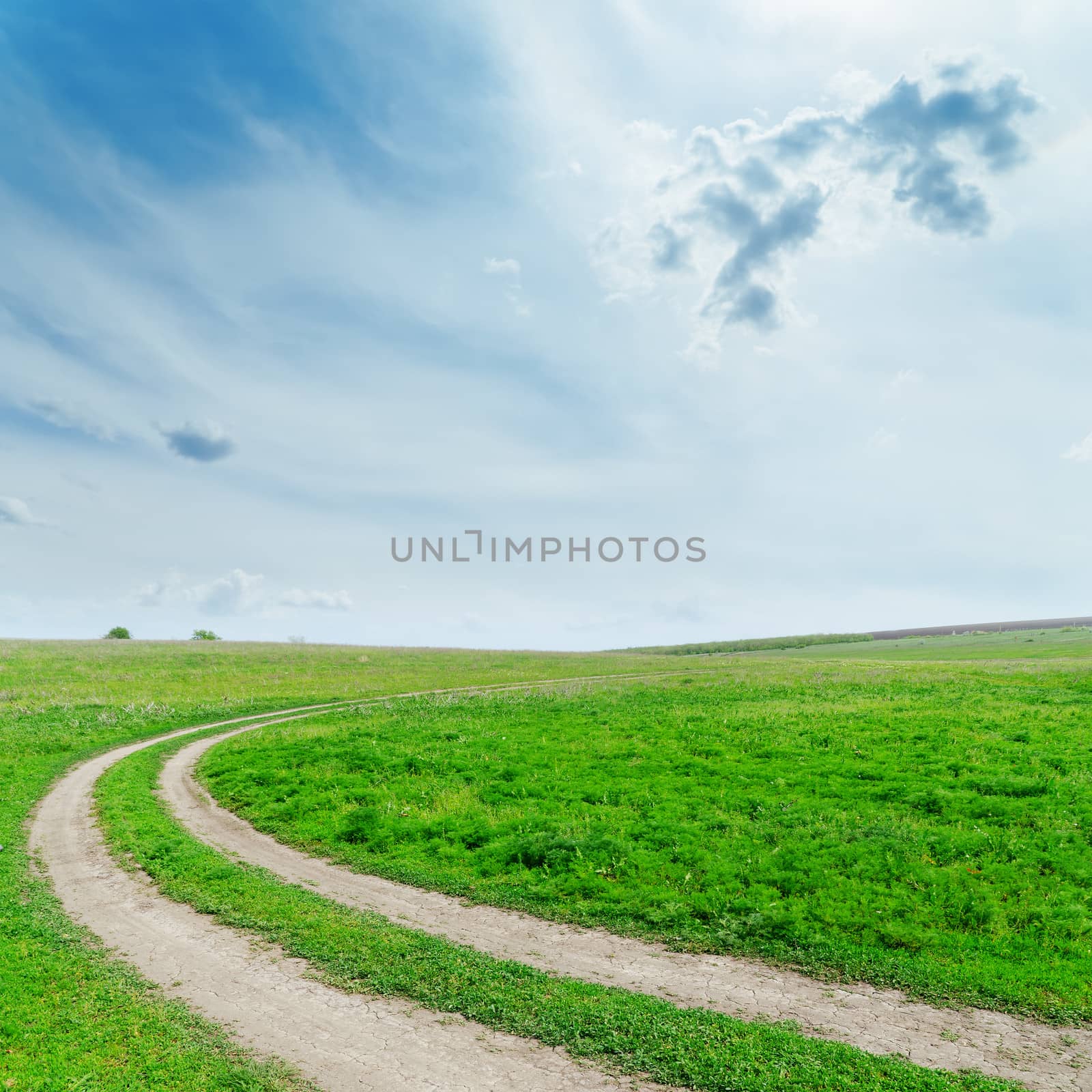 dirty road in green grass under cloudy sky