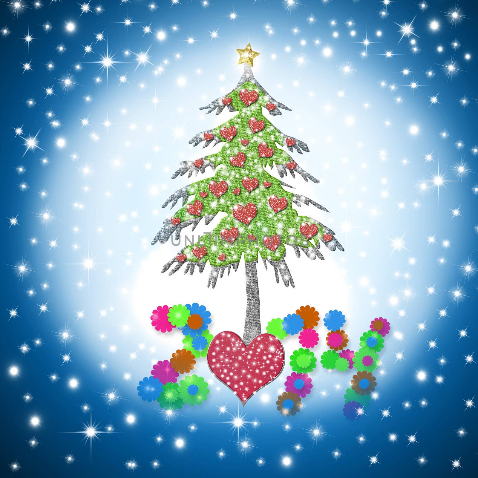beautiful Christmas card 2014 with shiny hearts tree on starry sky background