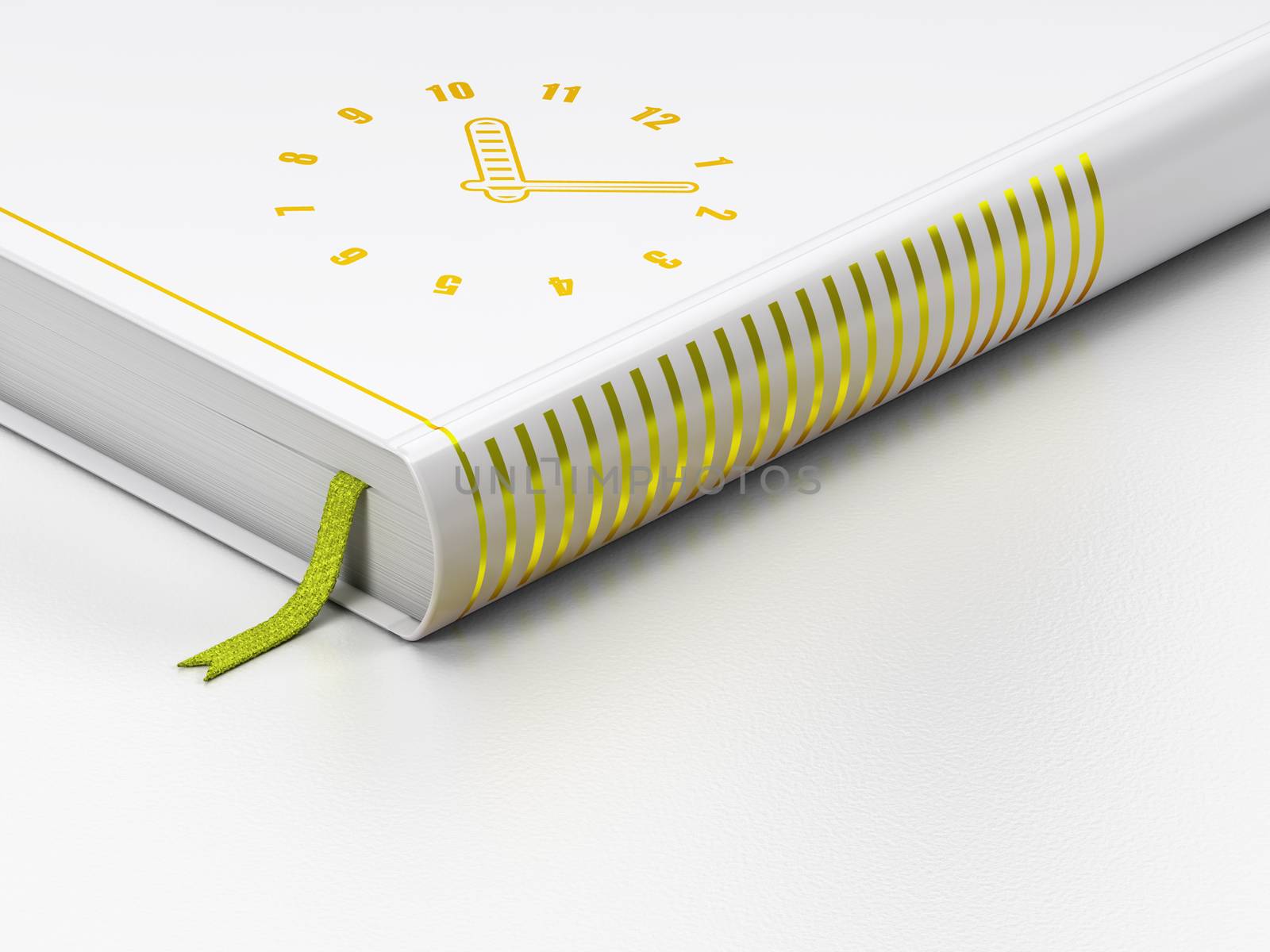 Timeline concept: closed book with Gold Clock icon on floor, white background, 3d render