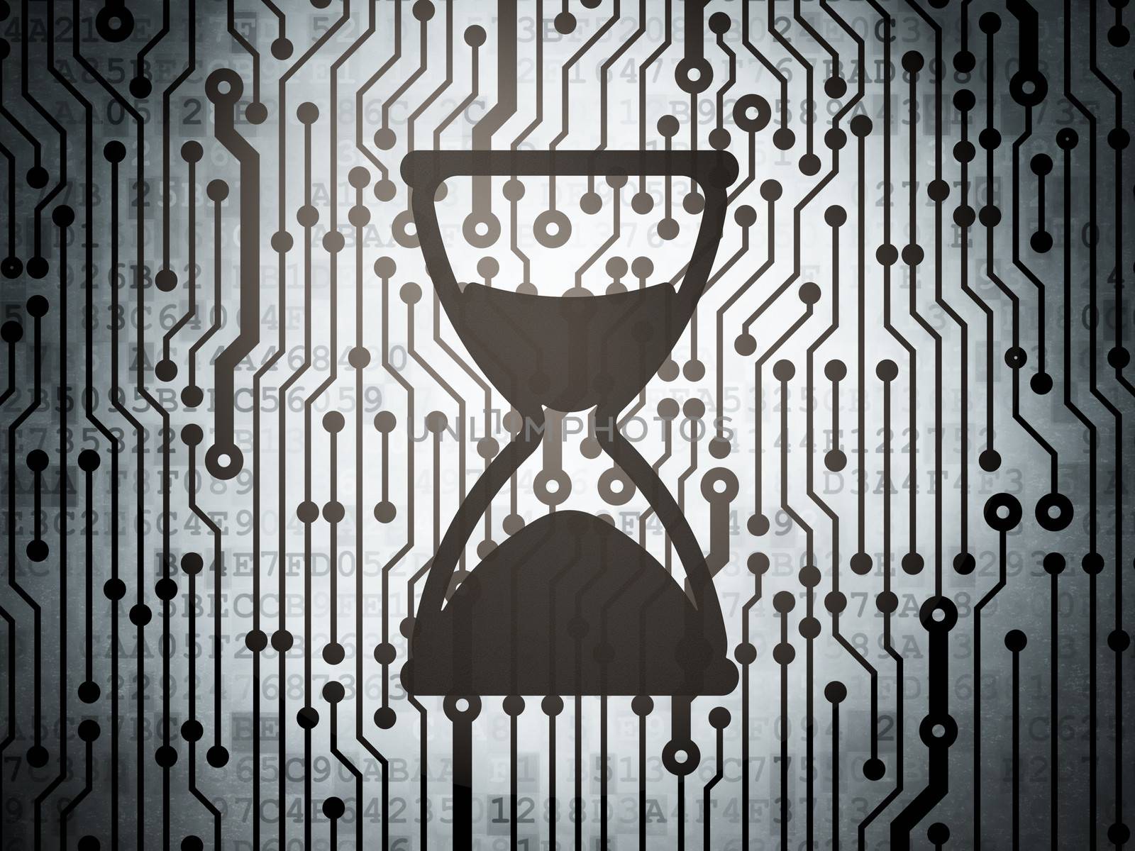 Time concept: circuit board with  Hourglass icon, 3d render