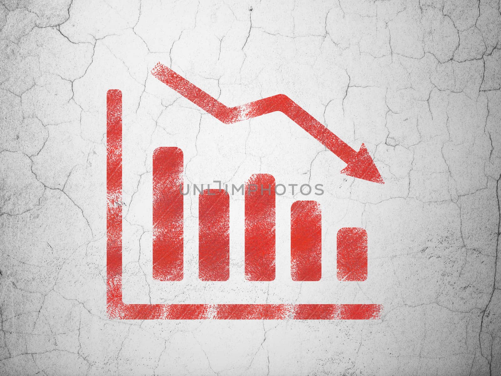 Marketing concept: Red Decline Graph on textured concrete wall background, 3d render