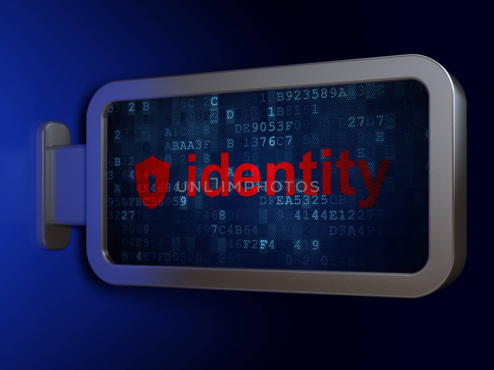 Protection concept: Identity and Shield With Keyhole on advertising billboard background, 3d render