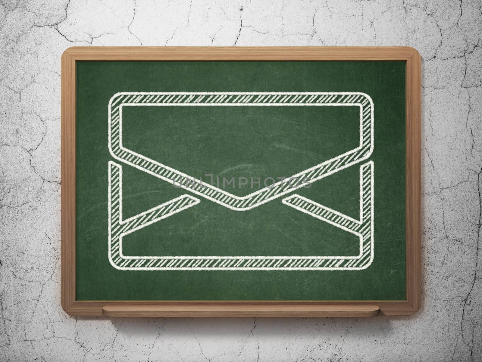 Business concept: Email icon on Green chalkboard on grunge wall background, 3d render