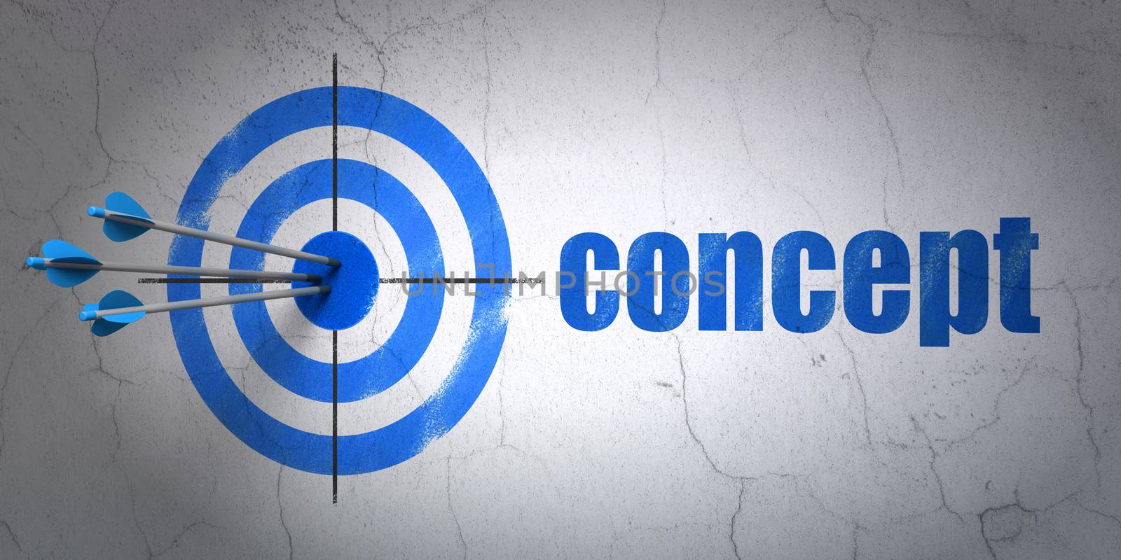 Success advertising concept: arrows hitting the center of target, Blue Concept on wall background, 3d render