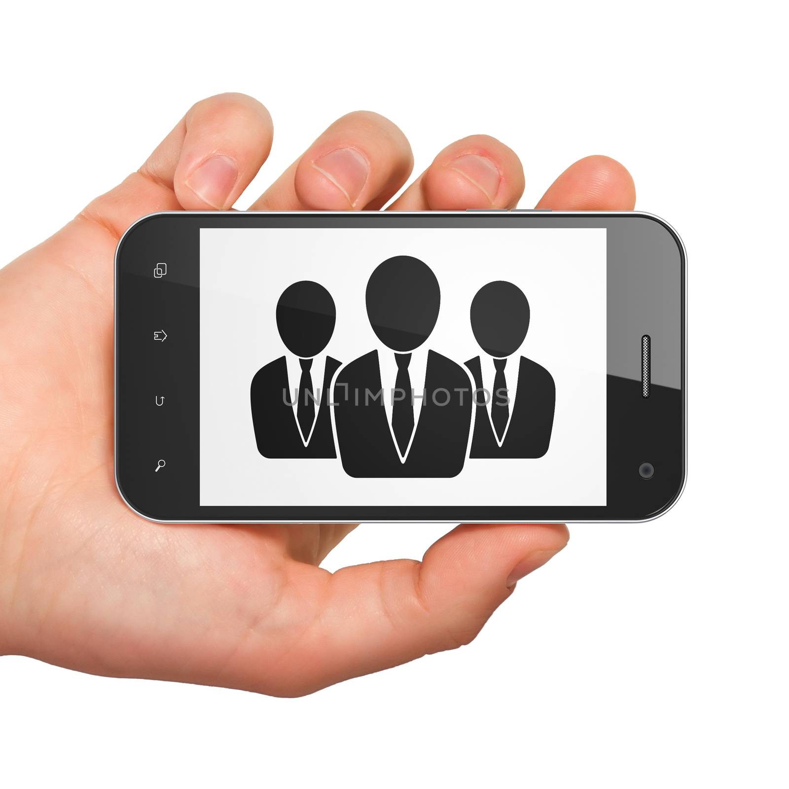 Marketing concept: hand holding smartphone with Business People on display. Mobile smart phone on White background, 3d render