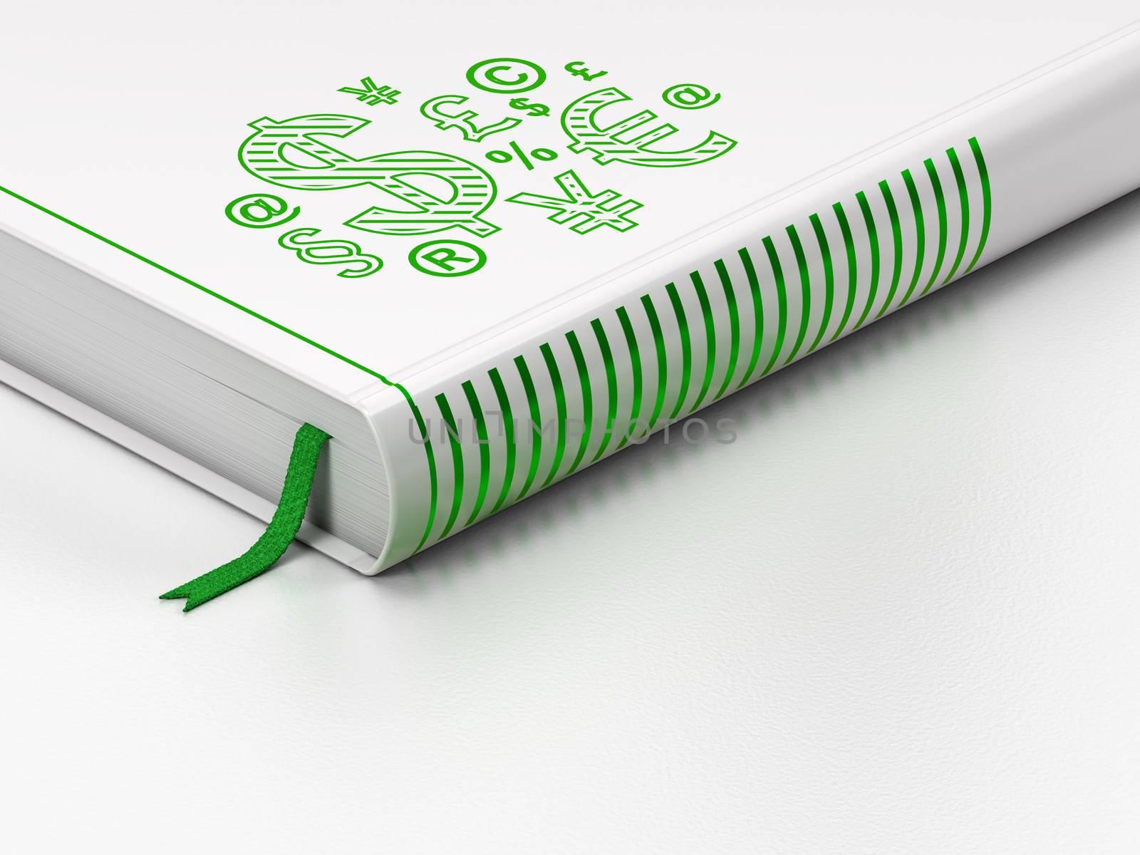 News concept: closed book with Green Finance Symbol icon on floor, white background, 3d render