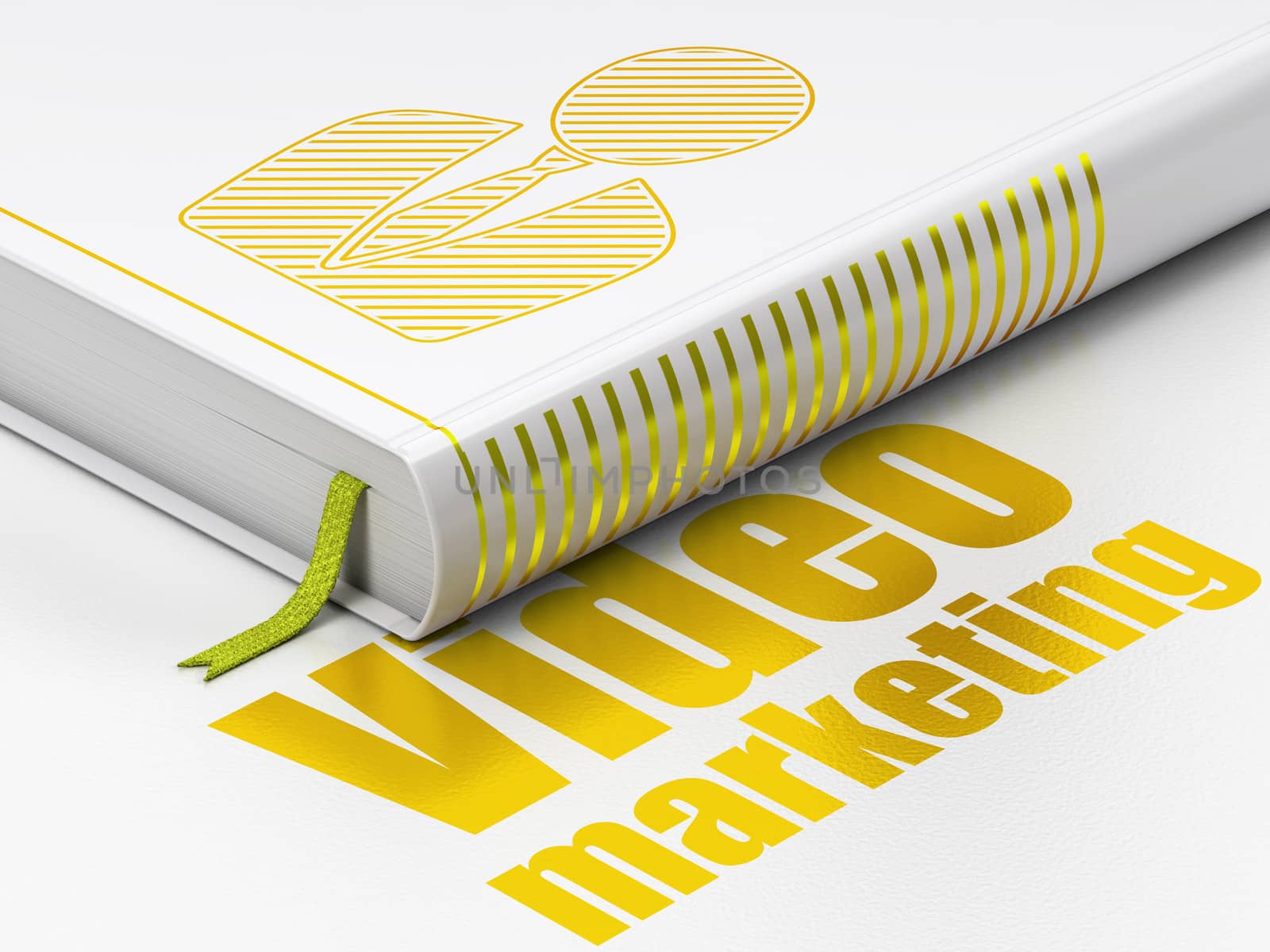 Business concept: closed book with Gold Business Man icon and text Video Marketing on floor, white background, 3d render