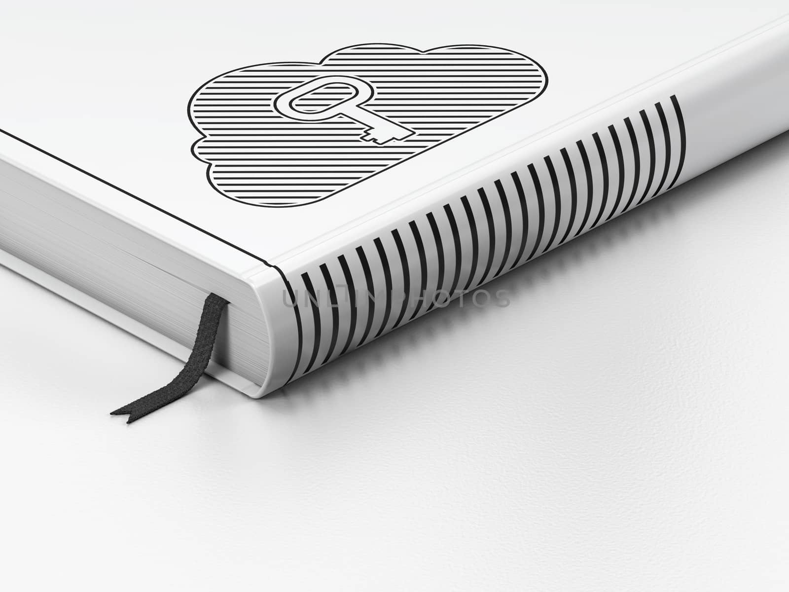 Cloud technology concept: closed book with Black Cloud With Key icon on floor, white background, 3d render