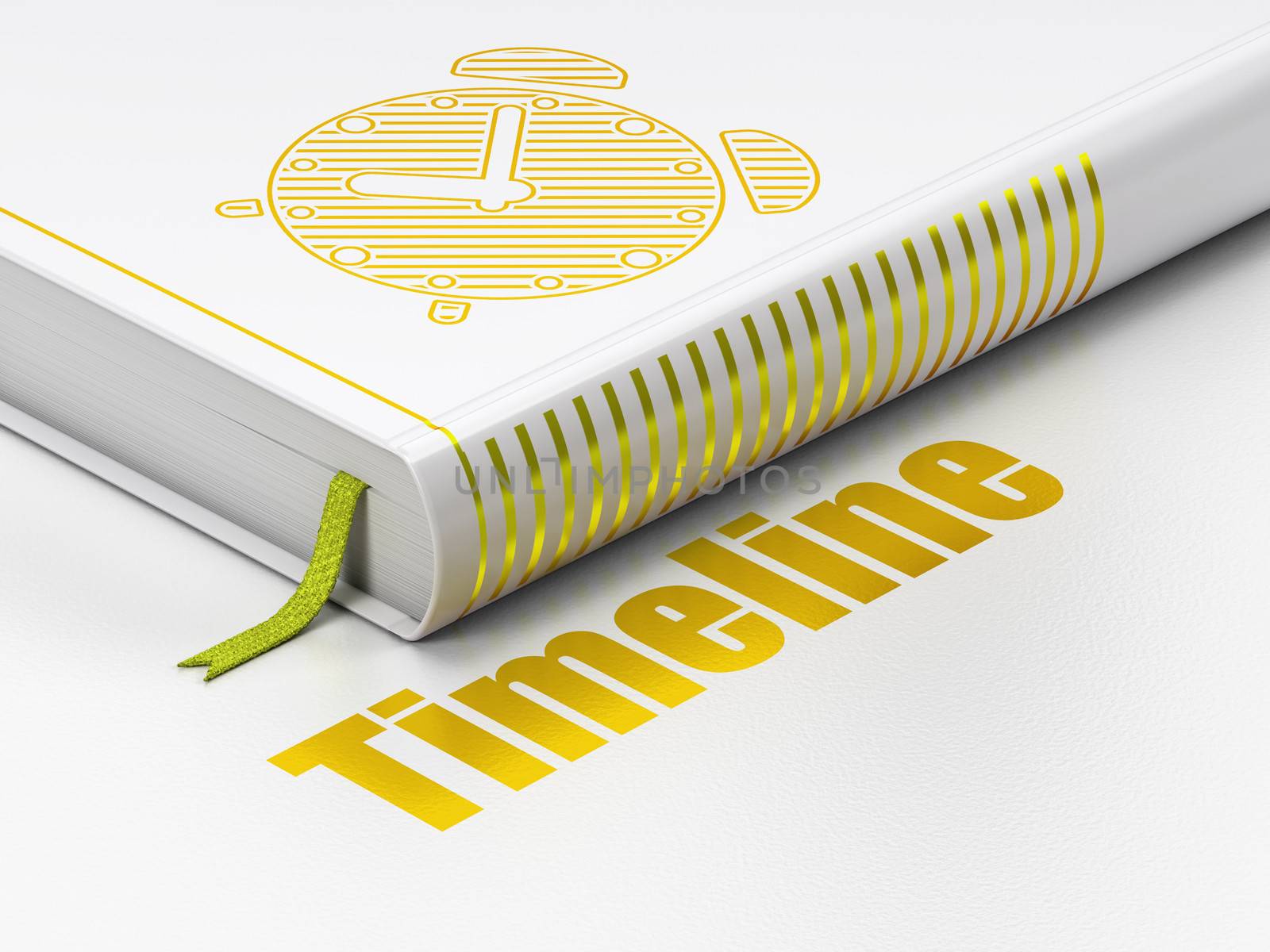 Timeline concept: closed book with Gold Alarm Clock icon and text Timeline on floor, white background, 3d render