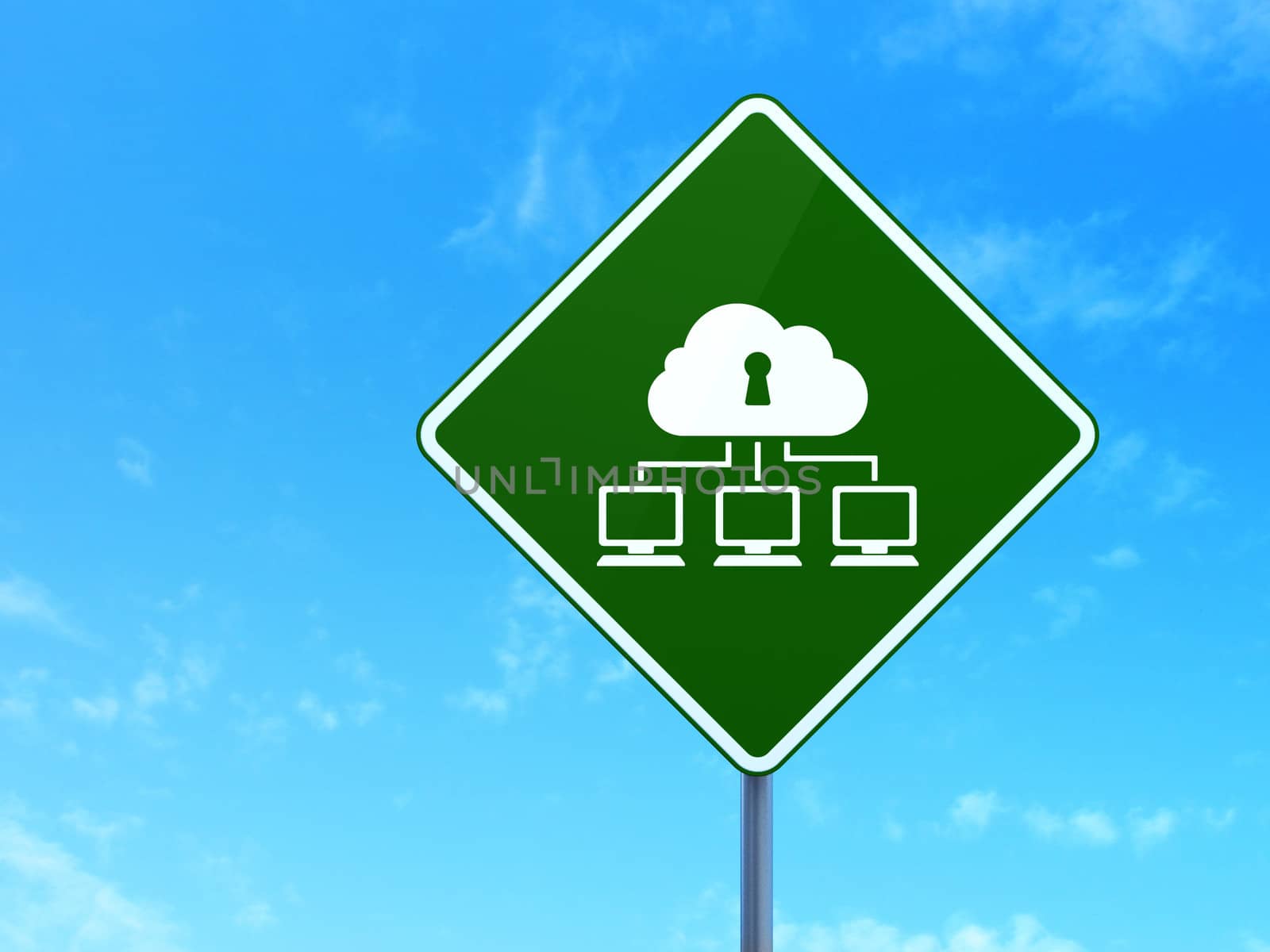 Privacy concept: Cloud Network on green road (highway) sign, clear blue sky background, 3d render