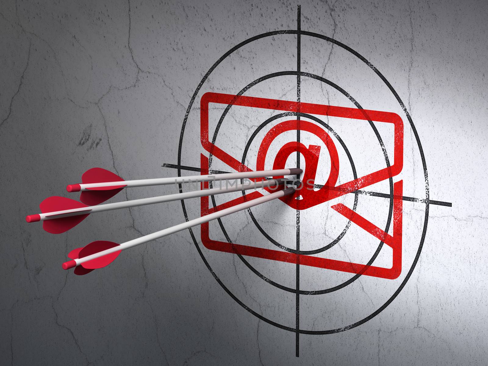 Success finance concept: arrows hitting the center of Red Email target on wall background, 3d render