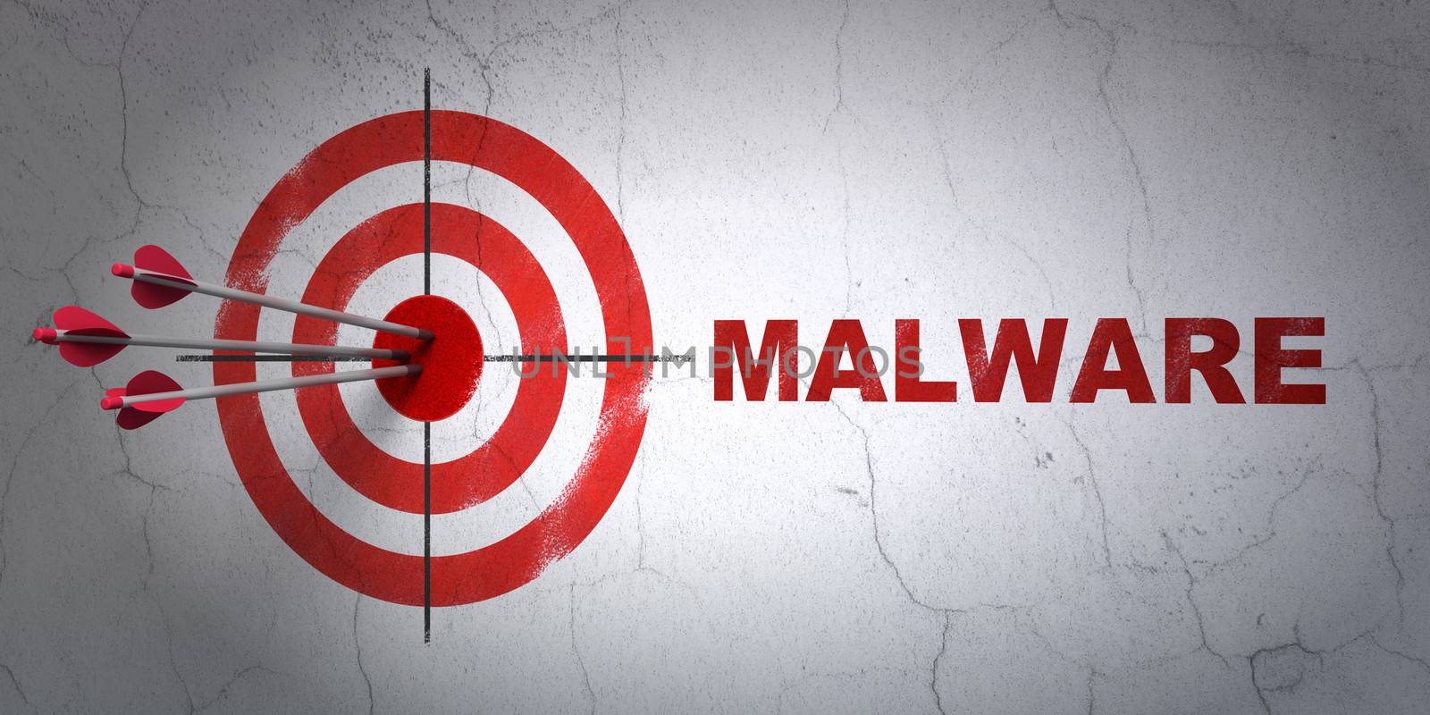 Success safety concept: arrows hitting the center of target, Red Malware on wall background, 3d render