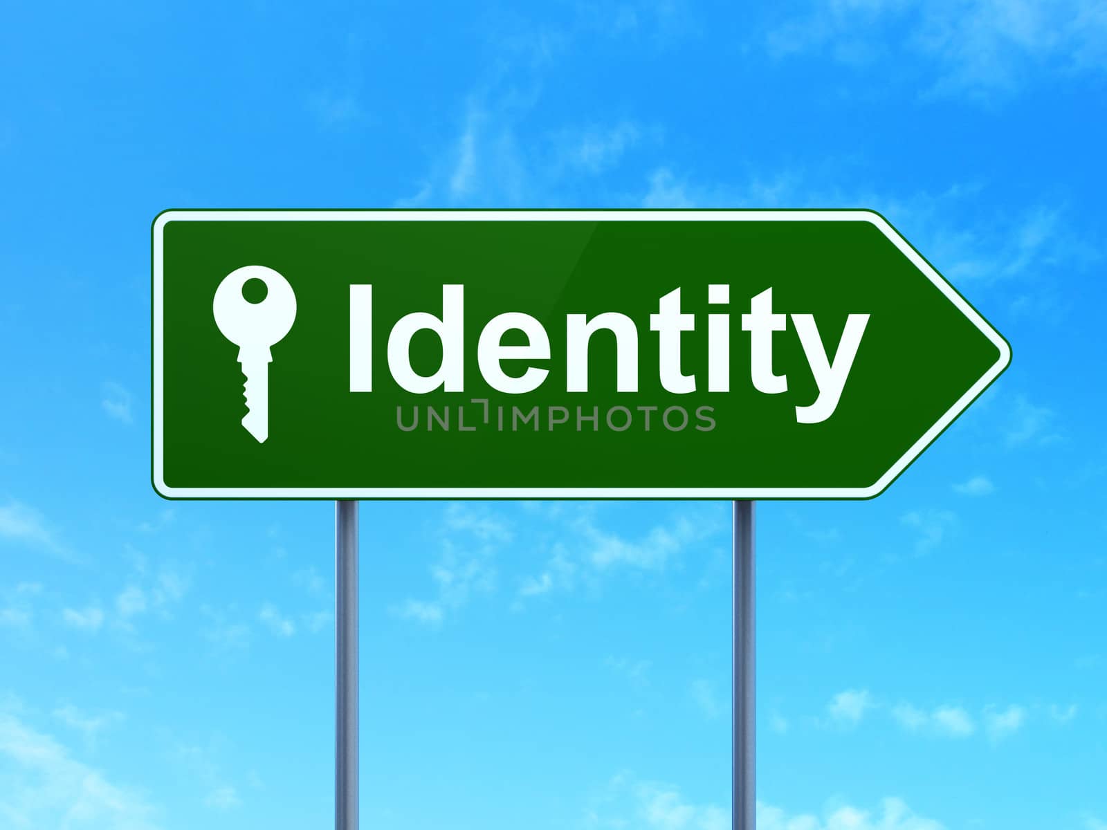 Protection concept: Identity and Key icon on green road (highway) sign, clear blue sky background, 3d render