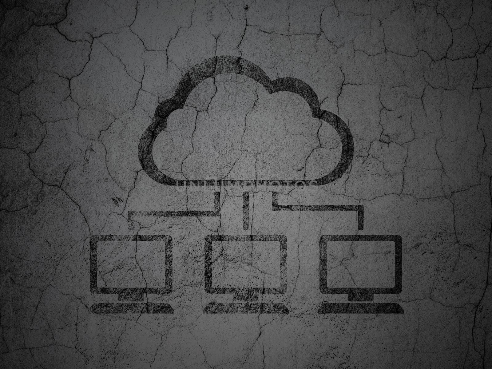 Cloud networking concept: Black Cloud Network on grunge textured concrete wall background, 3d render