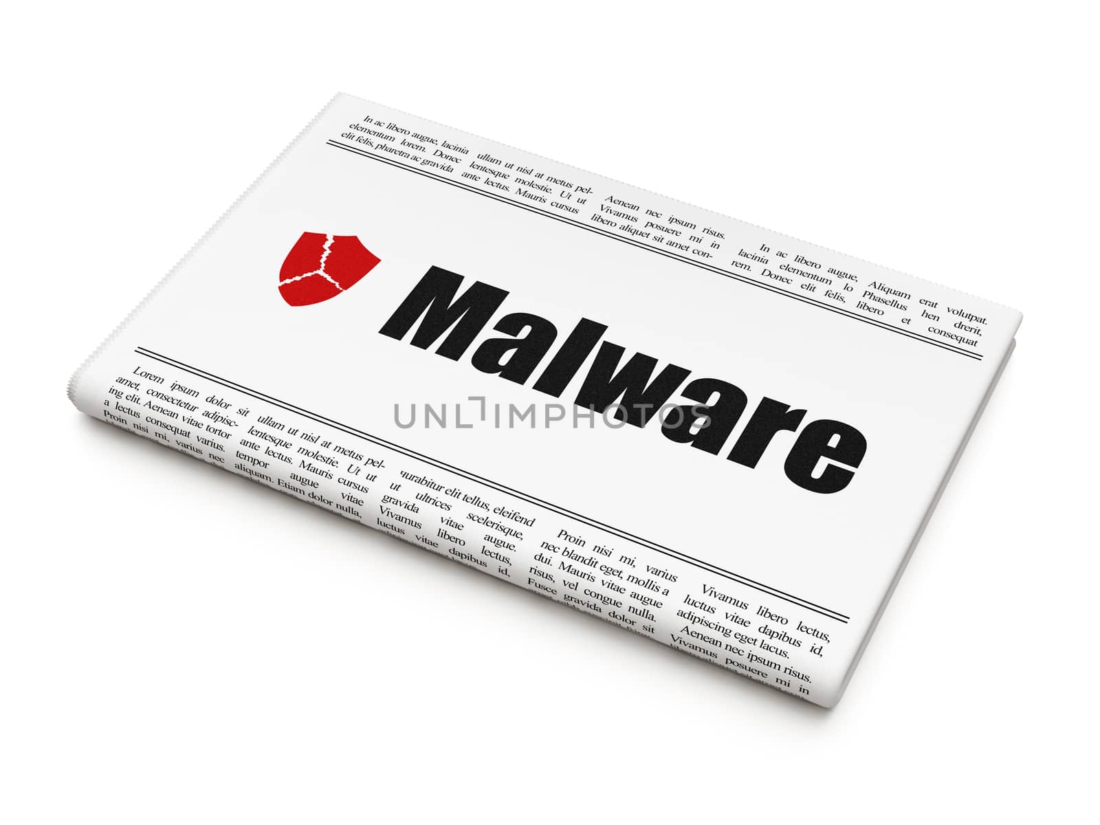 Safety concept: newspaper headline Malware and Broken Shield icon on White background, 3d render