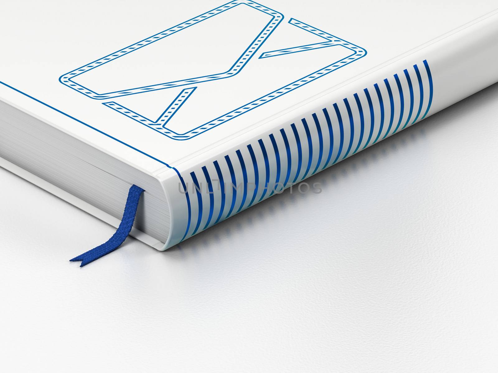 Finance concept: closed book with Blue Email icon on floor, white background, 3d render