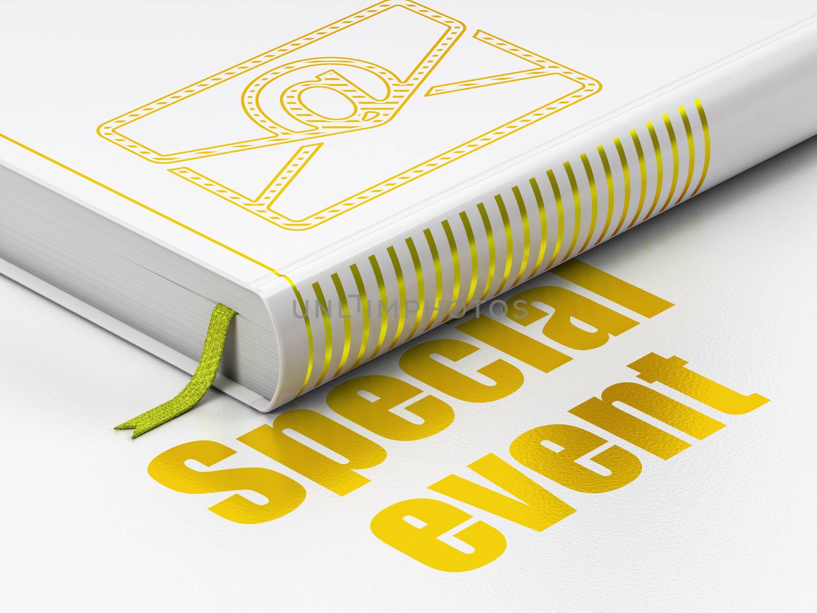 Business concept: closed book with Gold Email icon and text Special Event on floor, white background, 3d render