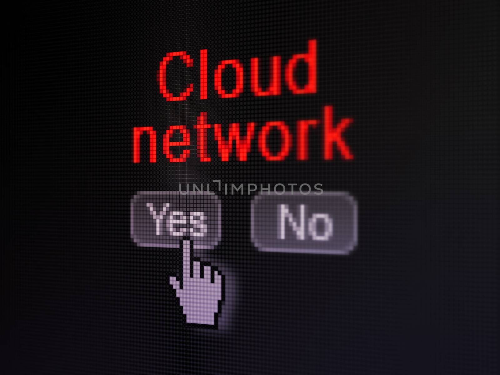 Cloud computing concept: buttons yes and no with pixelated word Cloud Network and Hand cursor on digital computer screen, selected focus 3d render