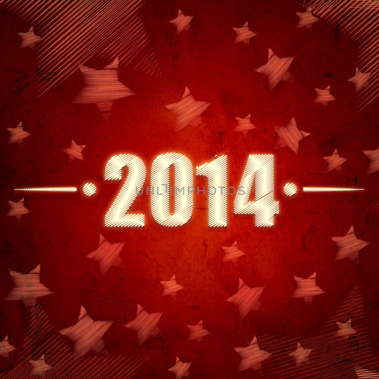 new year 2014, abstract red background with figures and illustrated striped stars, retro style holiday card