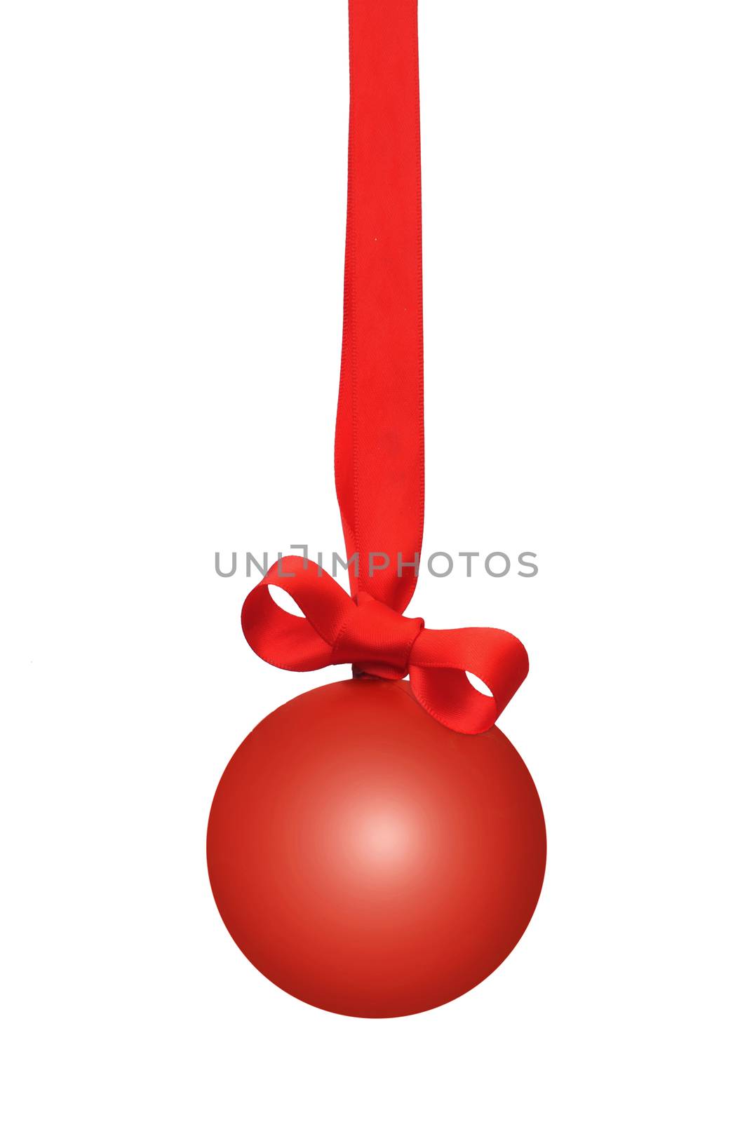 Red christmas bauble with a tied ribbon bow