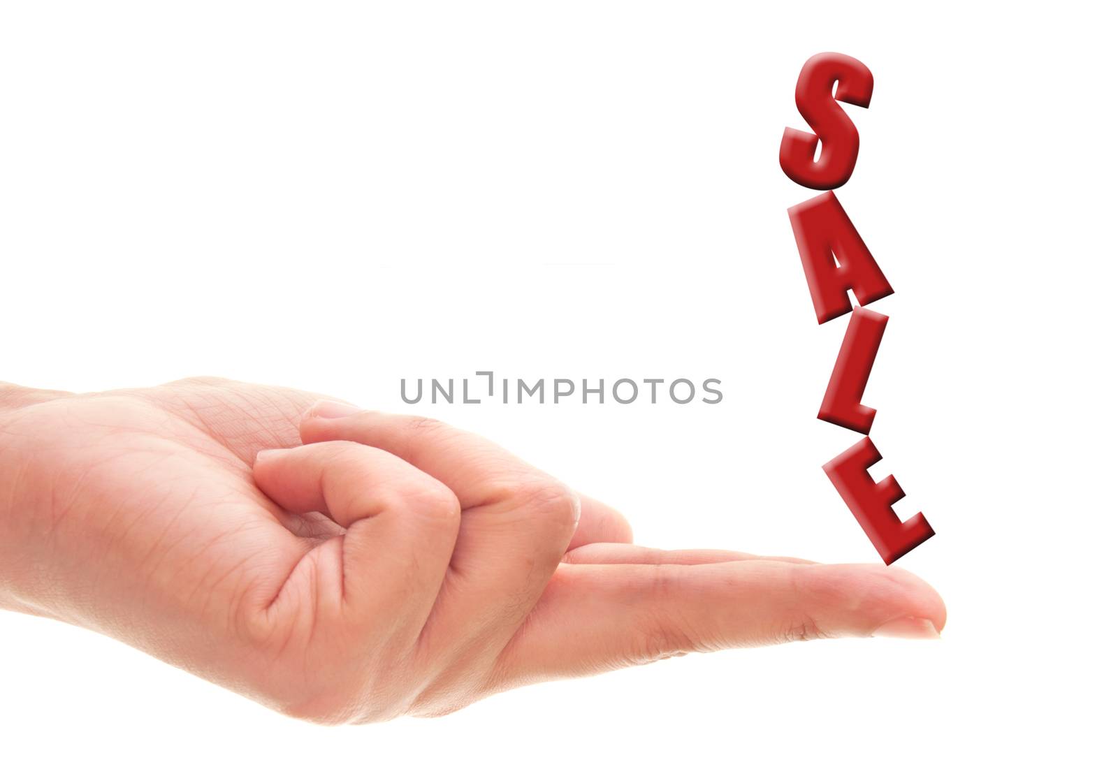 Sale block text resting on a finger 