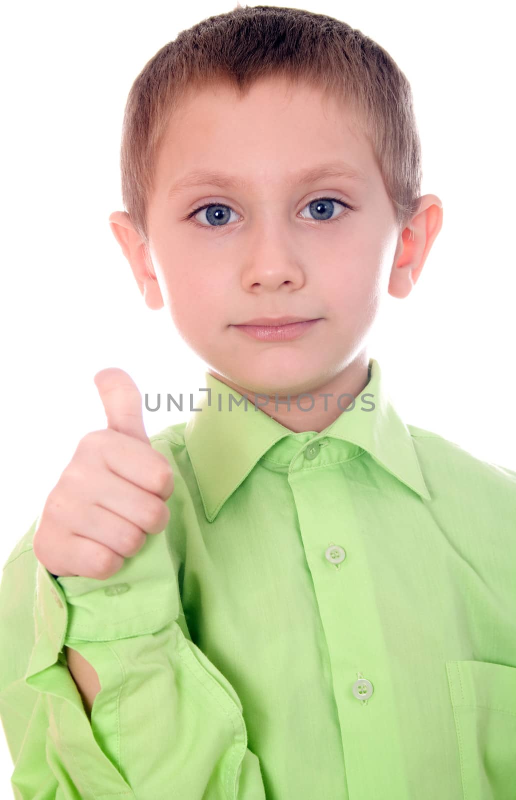 Boy isolated on white background showing ok