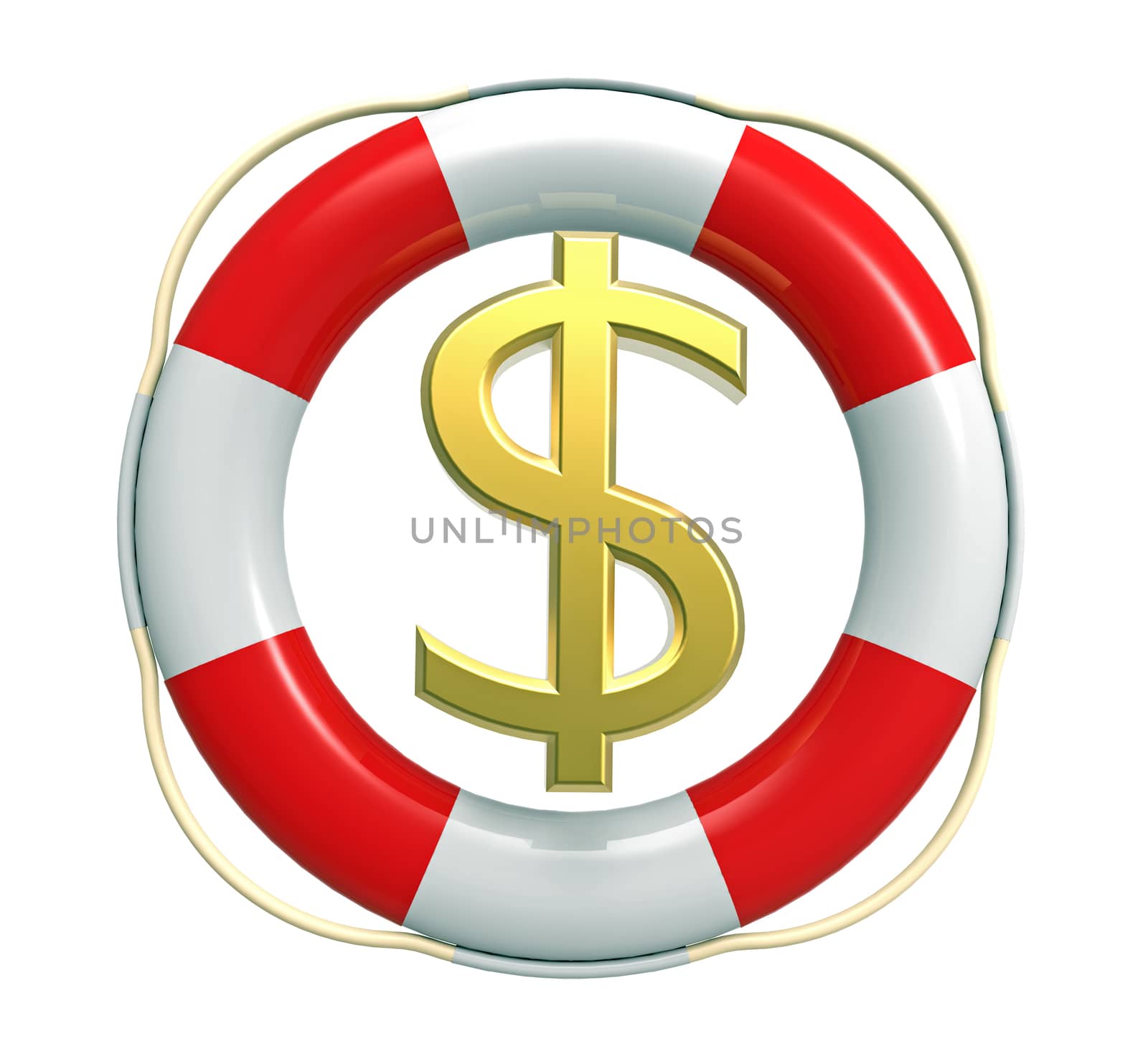 Lifebuoy with dollar sign, 3D render, isolated on white