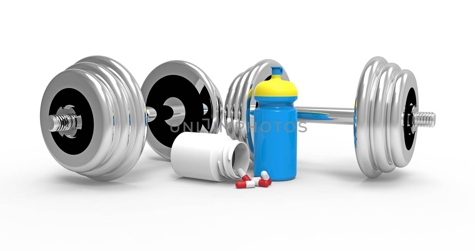 Two dumbbells with vial of pills, on white background, 3D render
