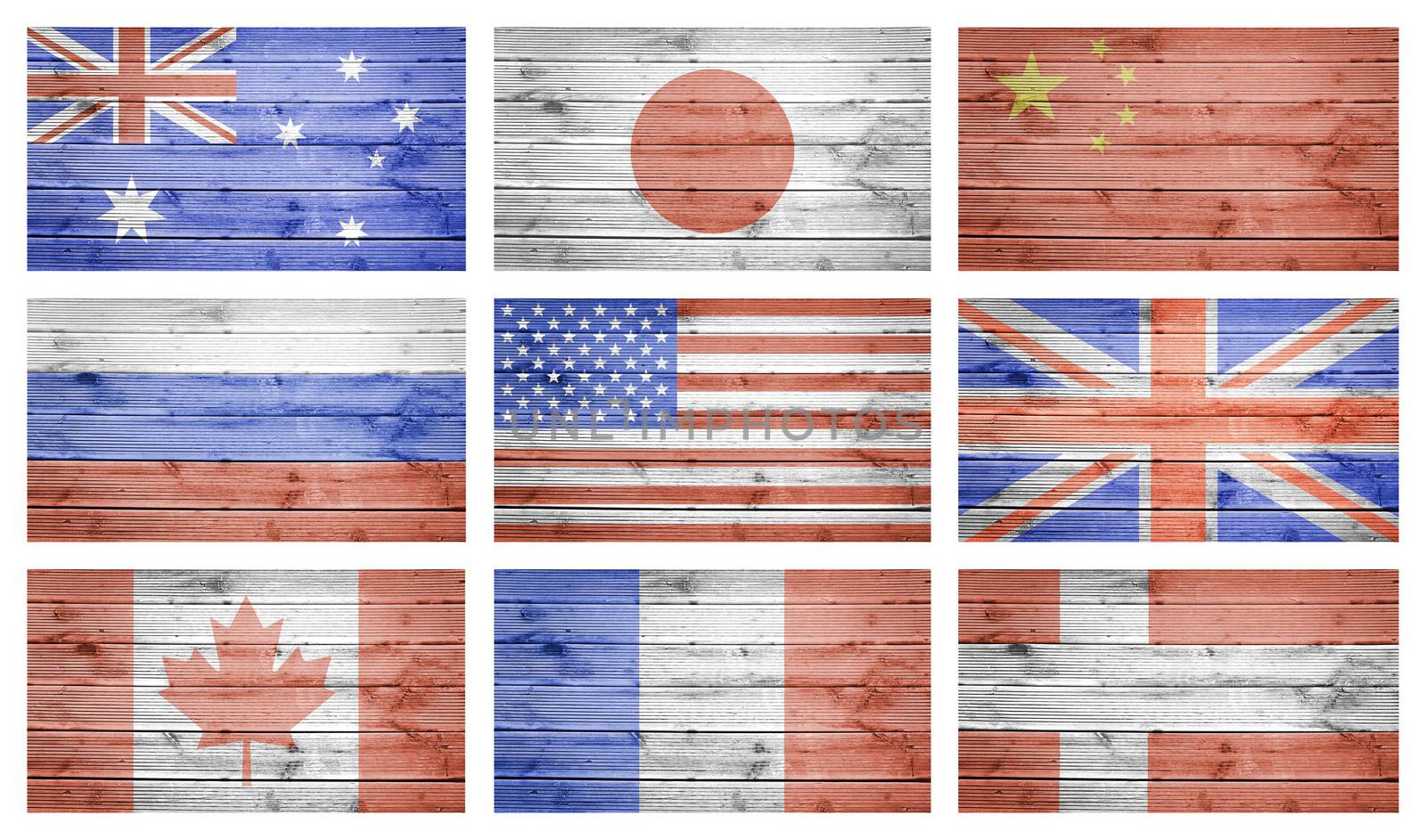 World flags collage over wood planks texture by doble.d