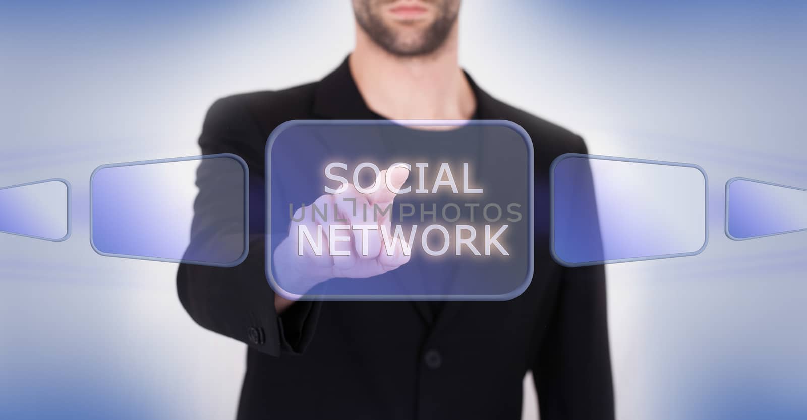 Business hand pushing the social media virtual button as concept