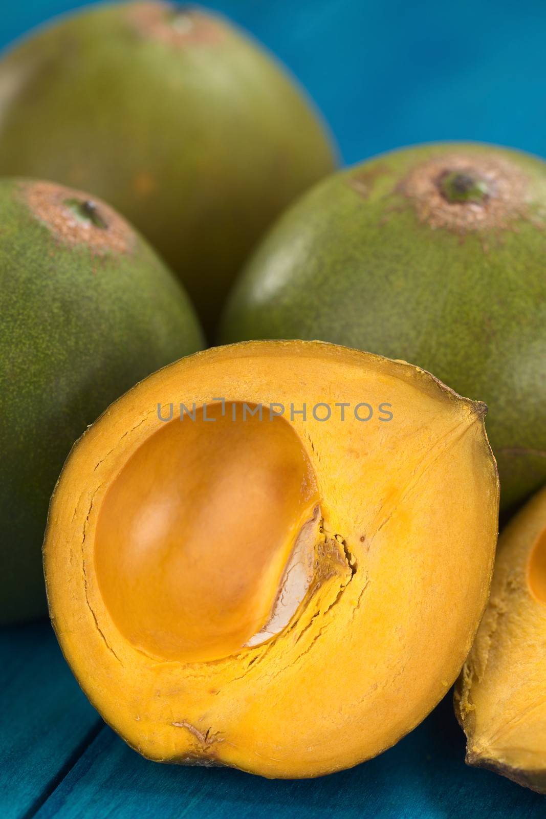 Peruvian fruit called Lucuma (lat. Pouteria lucuma) which has a dry, sweet flesh, and is mostly used to prepare juices, milkshakes, yogurts, ice cream and other desserts (Selective Focus, Focus on the front of the standing lucuma half) 