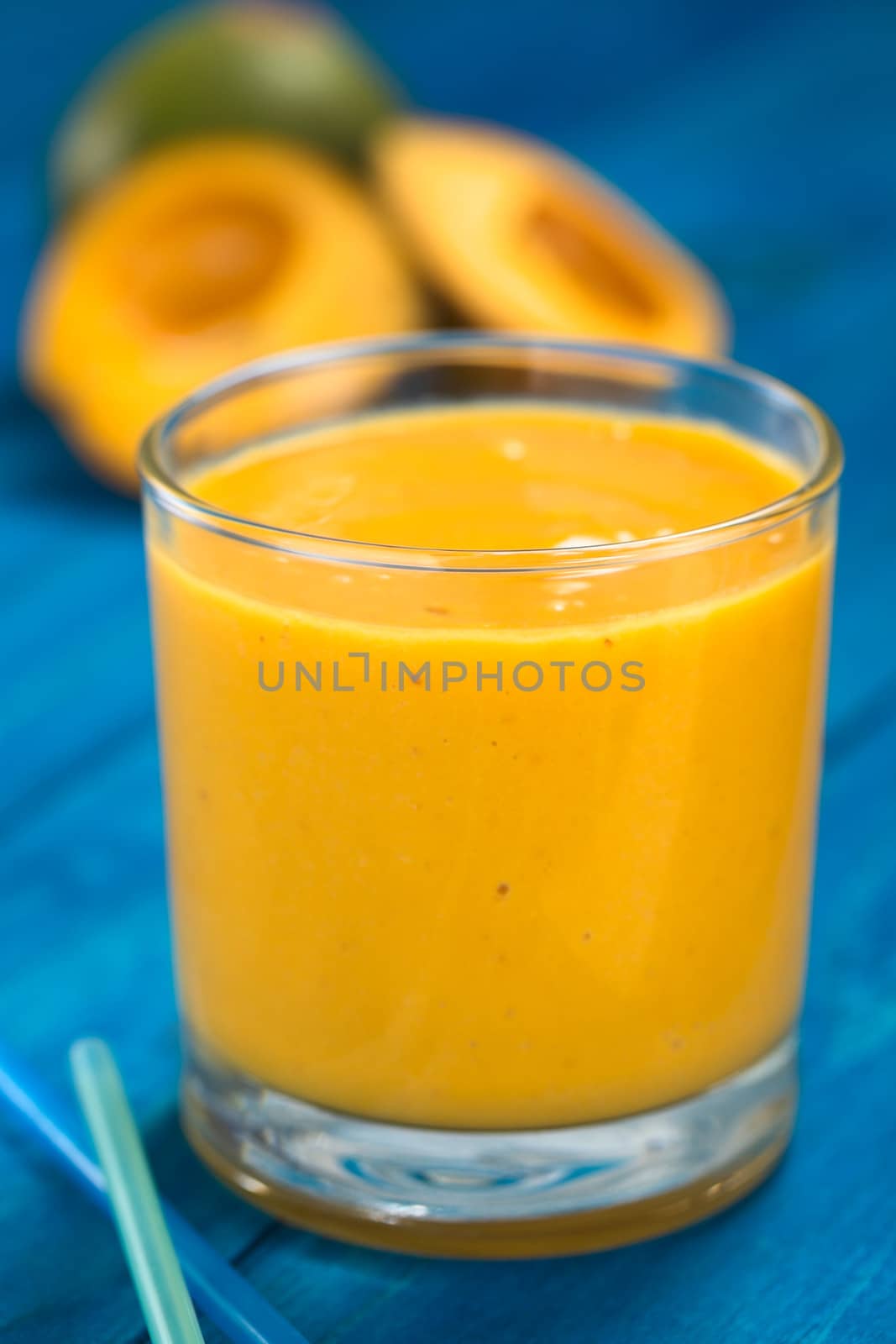 Milkshake made of the Peruvian fruit called lucuma (lat. Pouteria lucuma) served in glass with lucuma fruits in the back (Selective Focus, Focus on the front of the glass rim) 