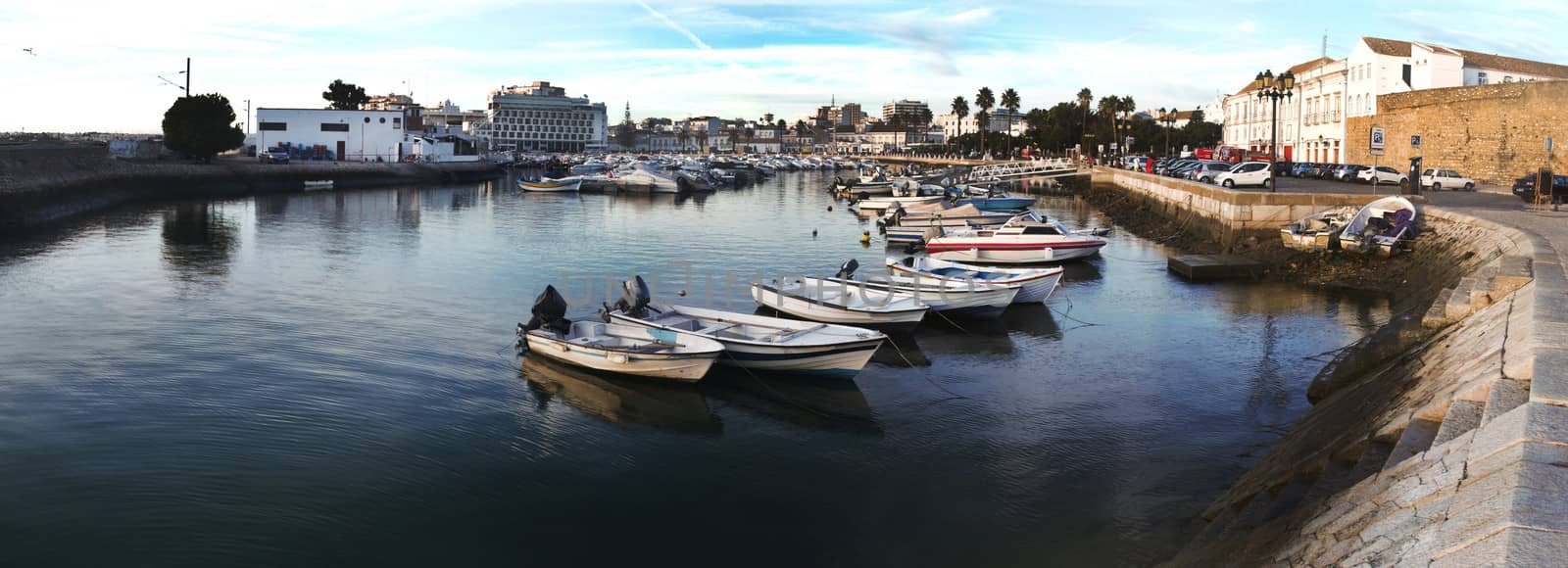 Wide view of the marina located in Faro, Portugal.