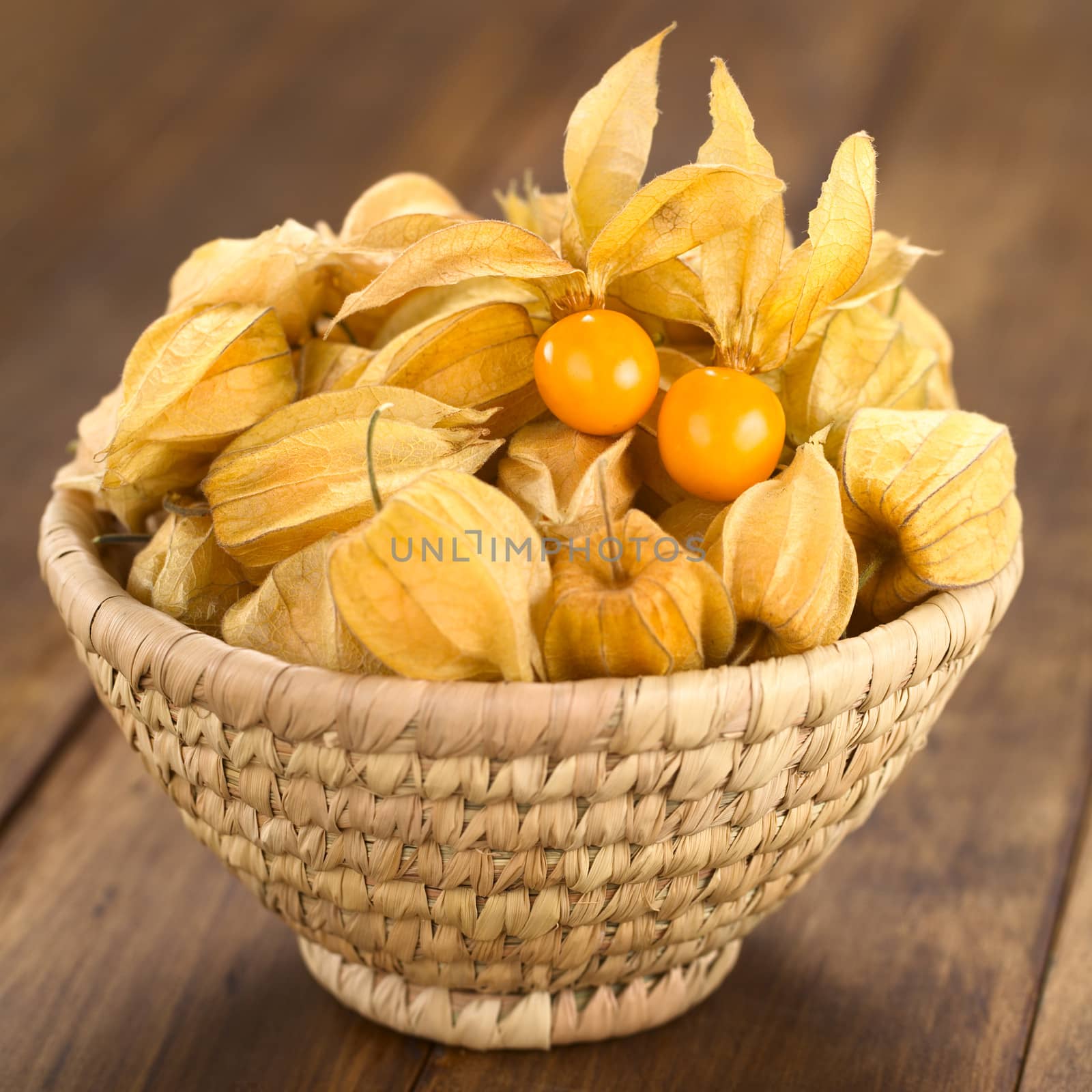 Physalis berry fruits (lat. Physalis peruviana) with husk in basket (Selective Focus, Focus on the open physalis)