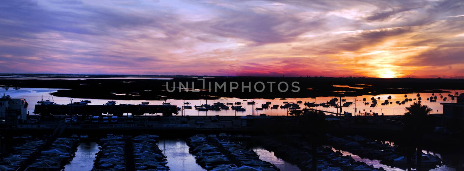 Wide view of the marina located in Faro, Portugal.