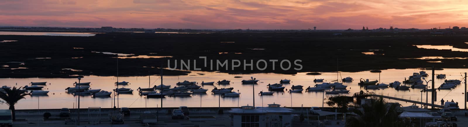 View of anchored fishing boats located in Faro, Portugal.