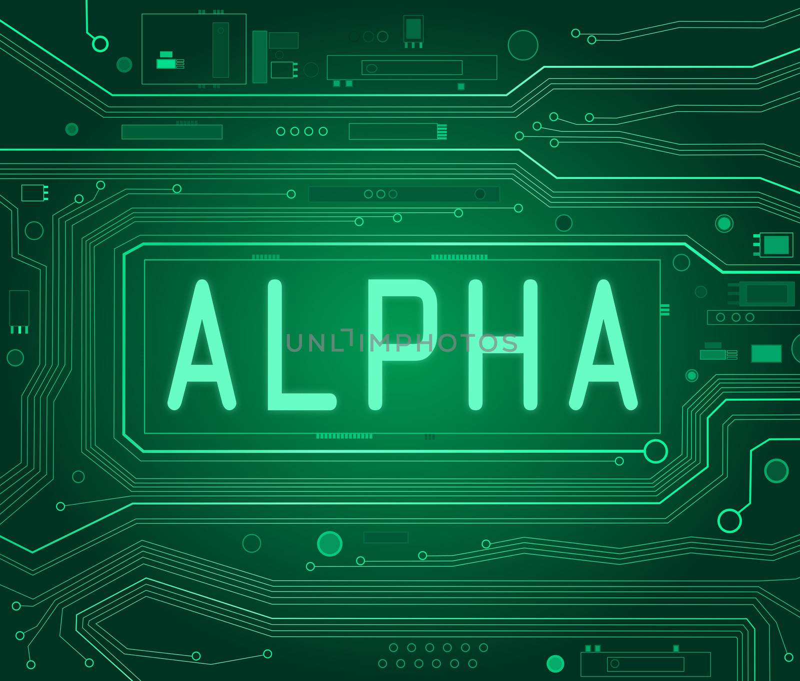Abstract style illustration depicting printed circuit board components with an Alpha concept.