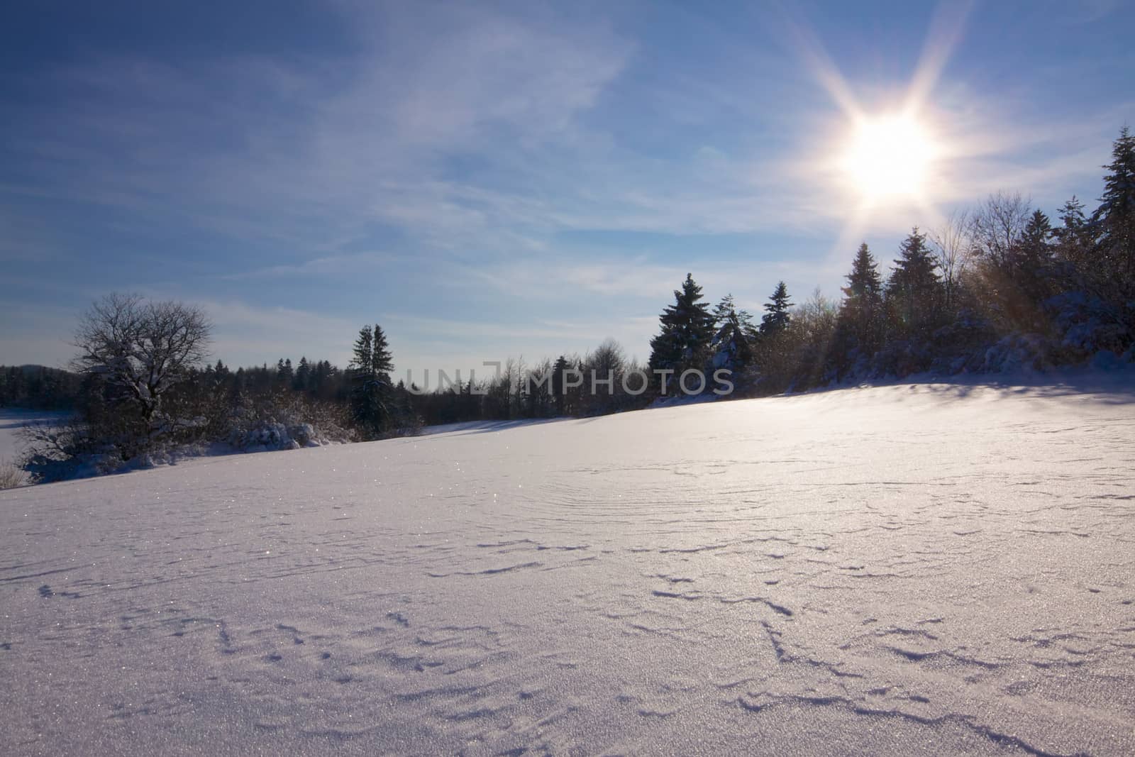 Picturesque snowy winter panorama with sun and blue sky