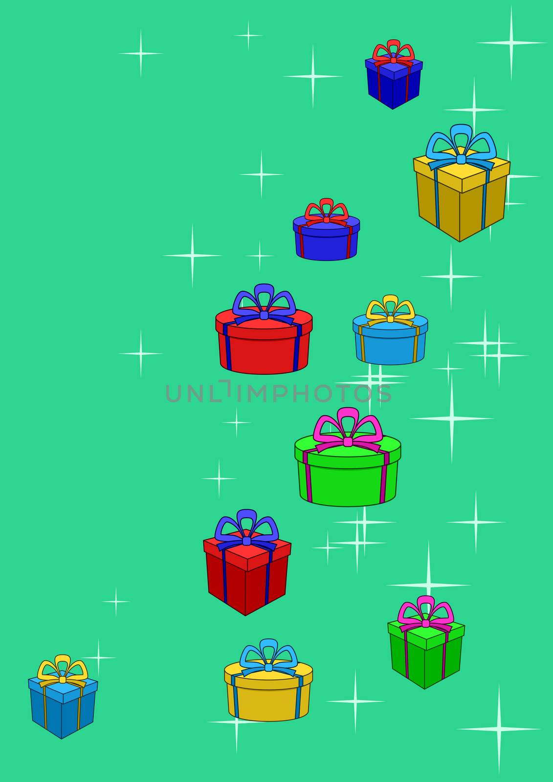 Celebratory picture: boxes with gifts on a colour background with stars.