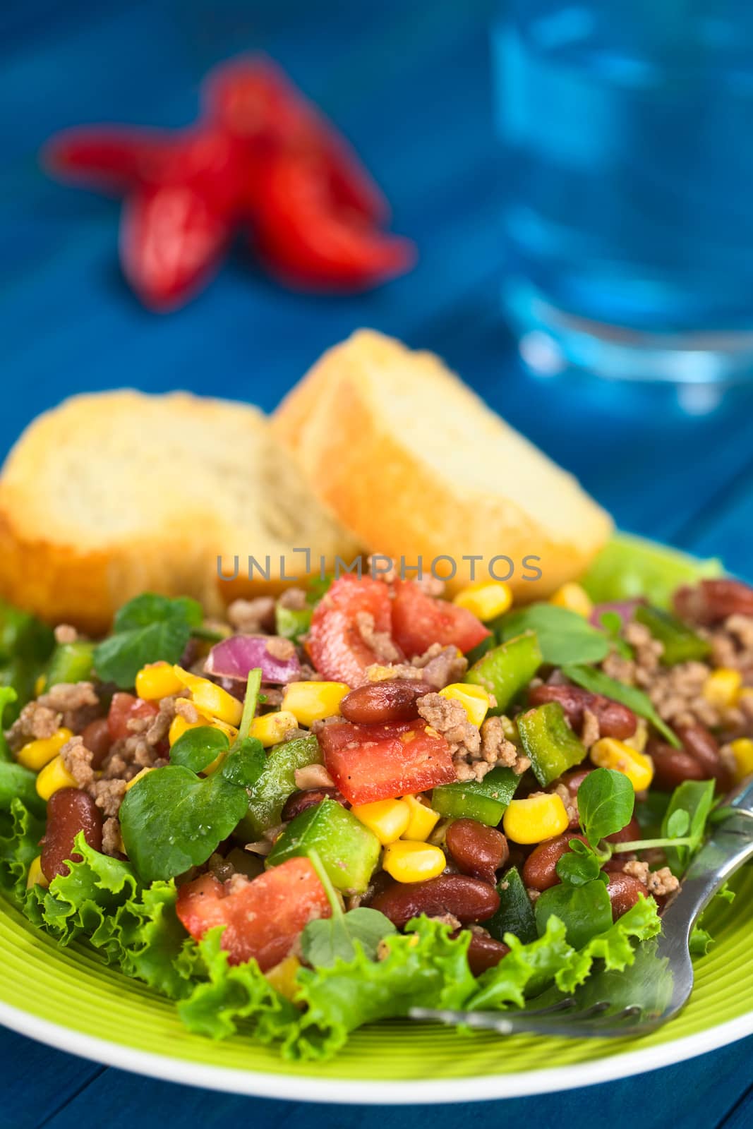 Chili con carne salad made of mincemeat, kidney beans, watercress, green bell pepper, tomato, sweet corn and red onions served on lettuce on a plate with fork and baguette slices (Selective Focus, Focus in the middle of the salad)