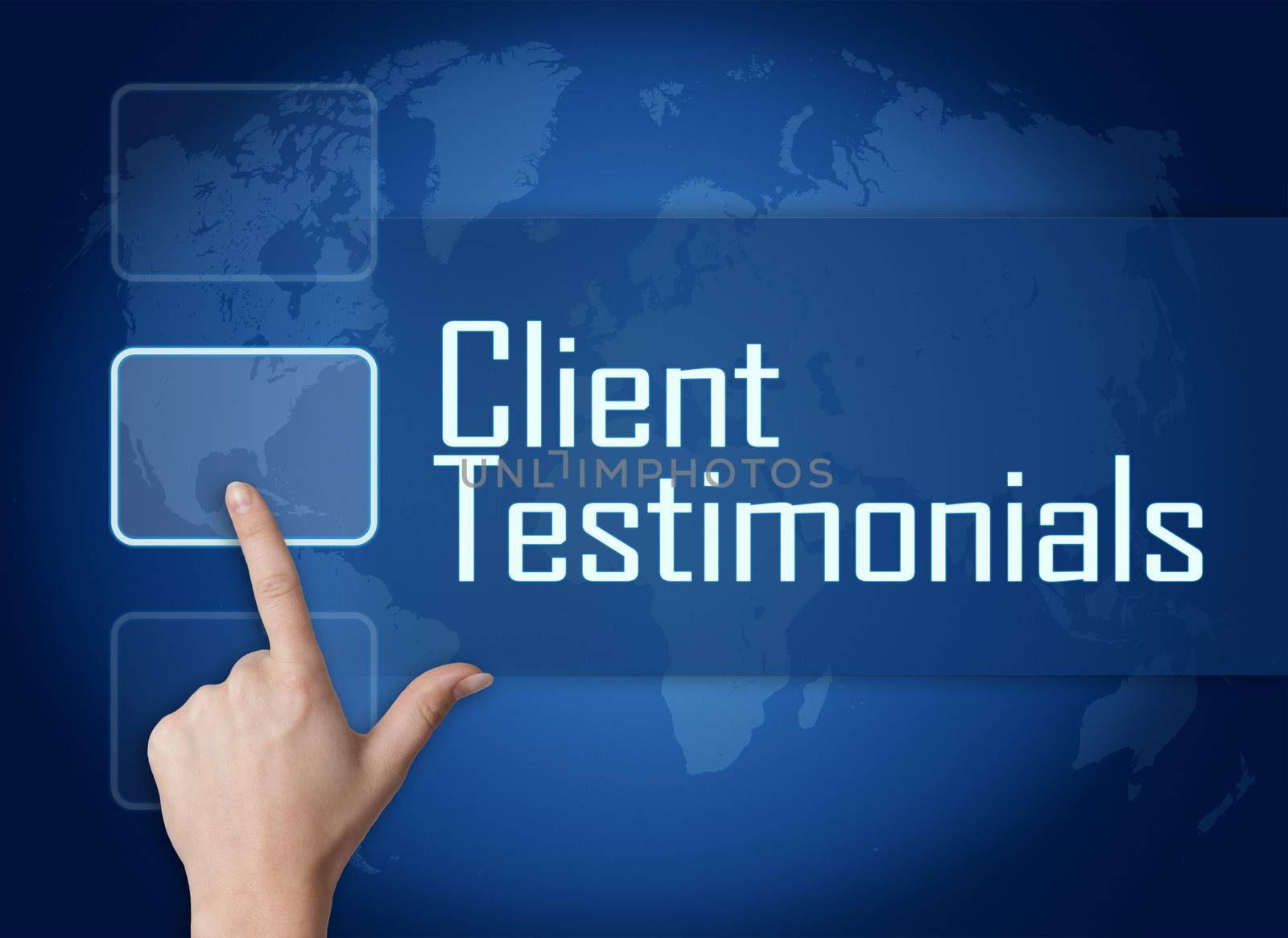Client Testimonials concept with interface and world map on blue background