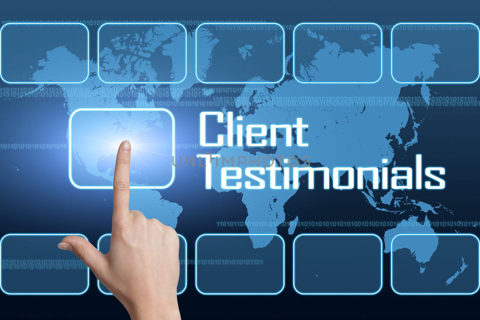 Client Testimonials concept with interface and world map on blue background