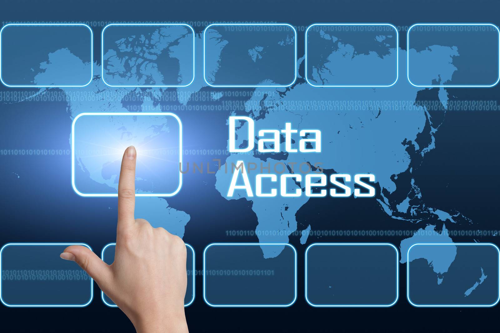 Data Access concept with interface and world map on blue background