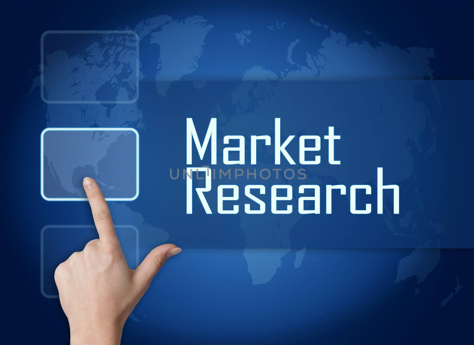 Market Research concept with interface and world map on blue background